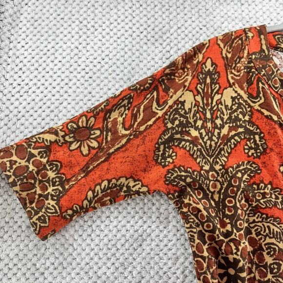Talbots Dress Womens 8 Orange Paisley Pineapple Linen Midi Belted Half Sleeve - Picture 6 of 12